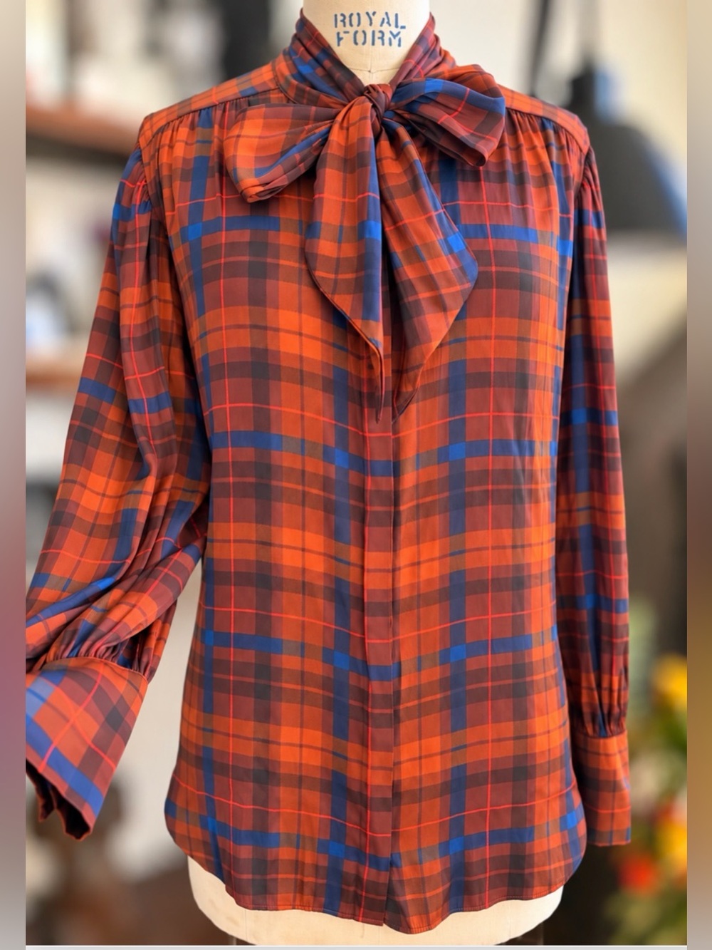 Ann Taylor Factory Rust Blue Plaid Tie Neck Blouse Fall Large NWT